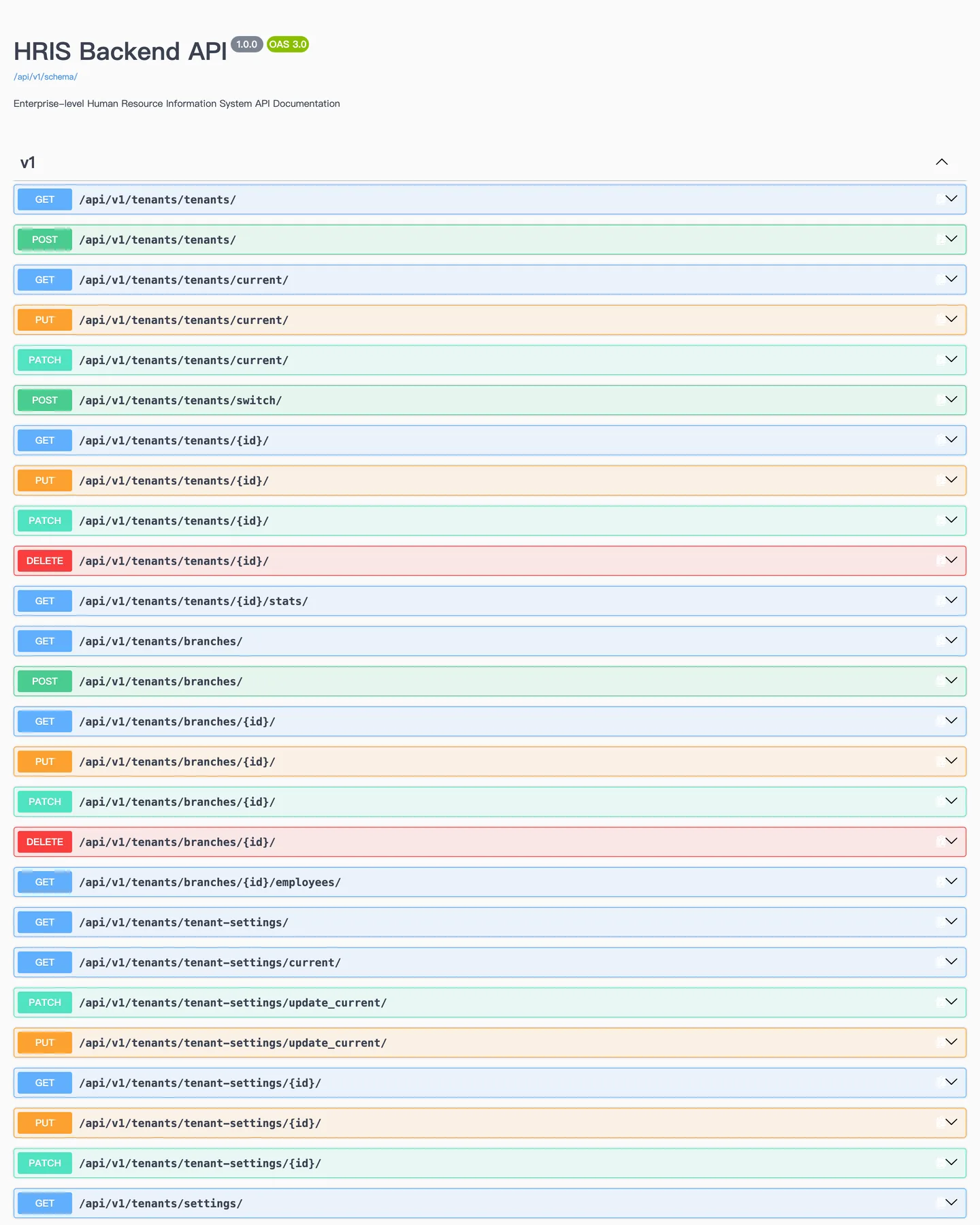 drf-spectacular 產生的 Swagger UI,v1 群組展開,列出 tenants 相關的 GET/POST/PUT/PATCH/DELETE 端點